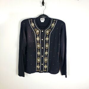 Women's Vintage Leslie Fay Sportswear Peral Beaded Floral Button Up Cardigan LG